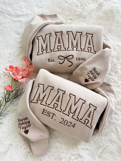 Custom Embroidered Bow Mama Sweatshirt with Family's Names on Sleeve