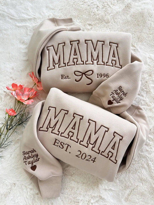 Custom Embroidered Bow Mama Sweatshirt with Family's Names on Sleeve