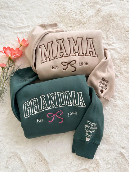 Custom Embroidered Bow Mama Sweatshirt with Family's Names on Sleeve