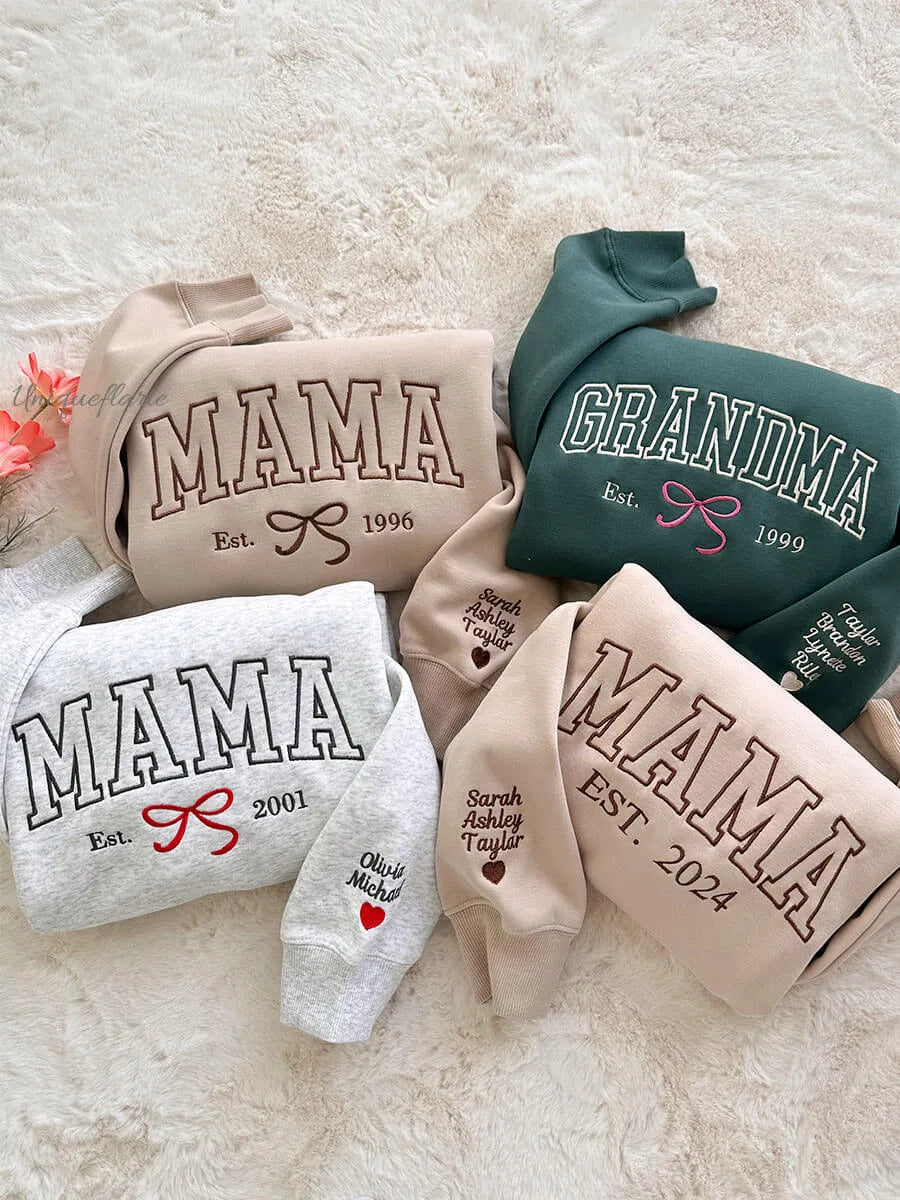 Custom Embroidered Bow Mama Sweatshirt with Family's Names on Sleeve