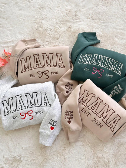 Custom Embroidered Bow Mama Sweatshirt with Family's Names on Sleeve