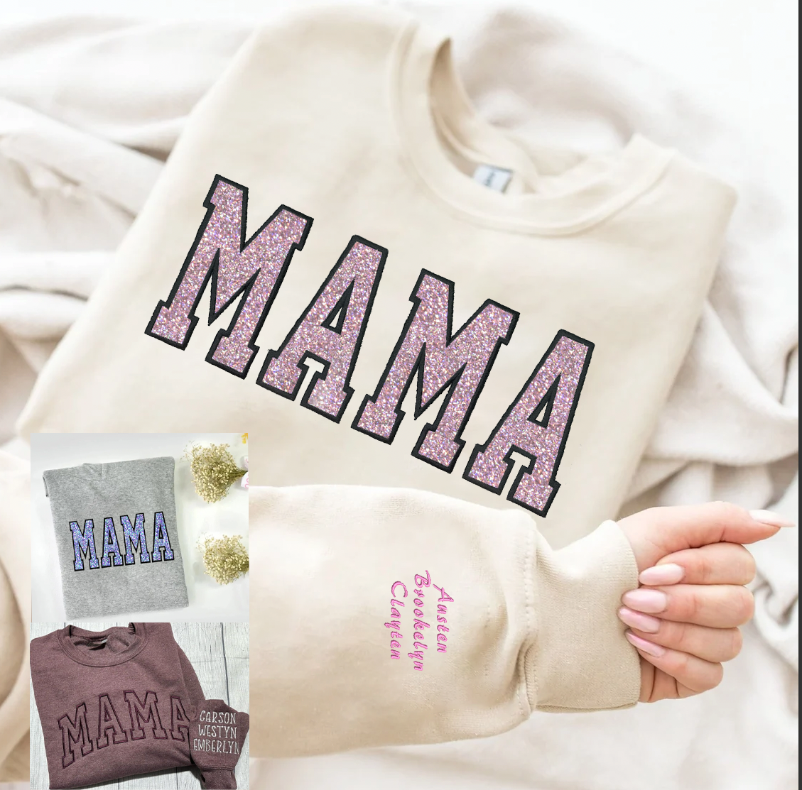 Custom Embroidered Applique Glitter Mama Sweatshirt